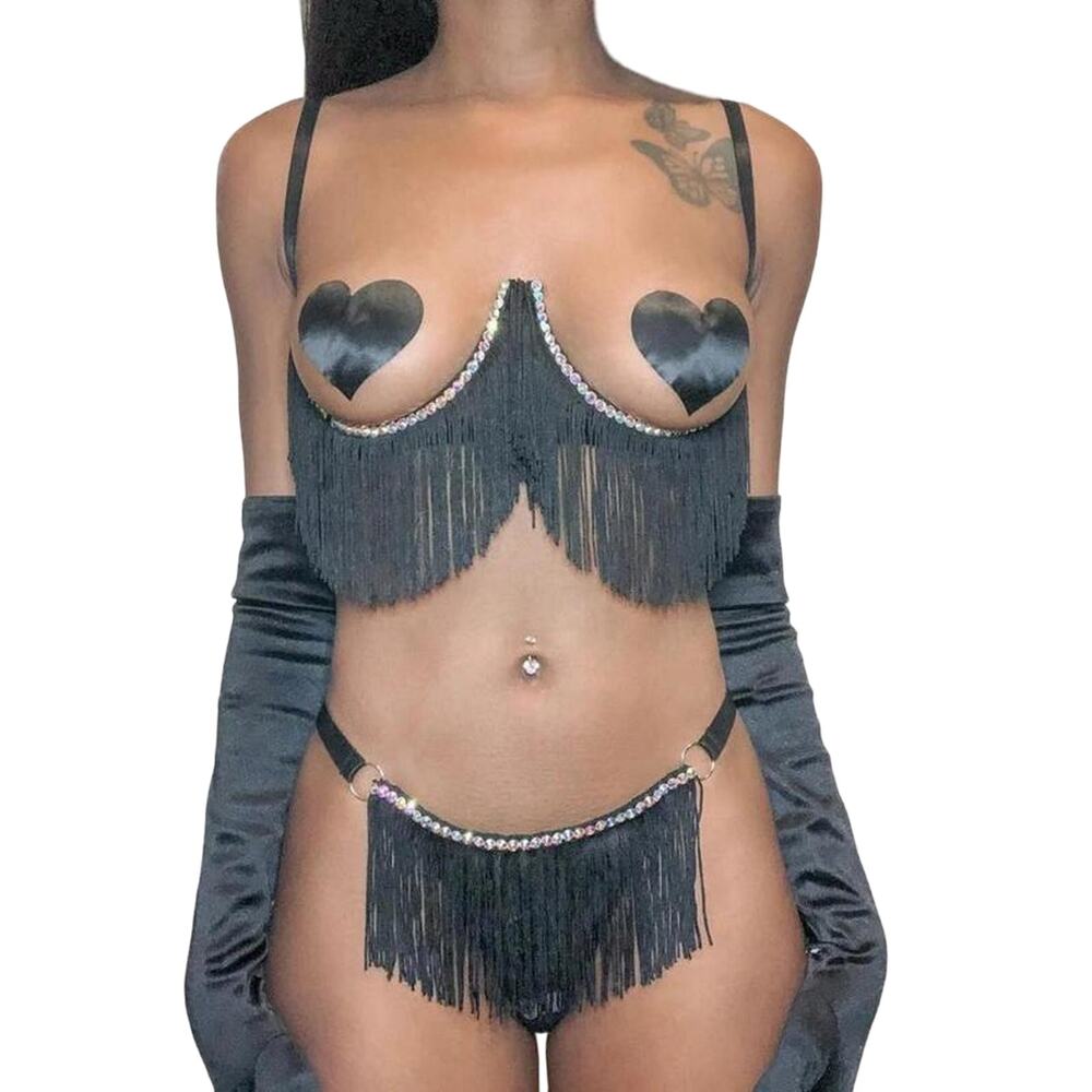 PRE-ORDER-Made To Order Black Rhinestone 2 Piece Set Lingerie (Large) NWT